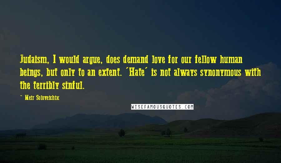 Meir Soloveichik Quotes: Judaism, I would argue, does demand love for our fellow human beings, but only to an extent. 'Hate' is not always synonymous with the terribly sinful.