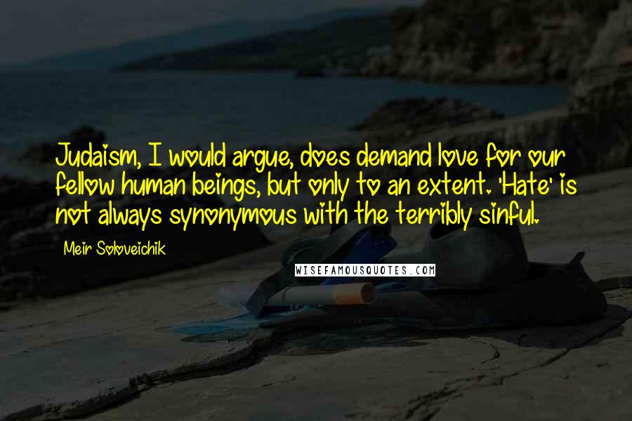 Meir Soloveichik Quotes: Judaism, I would argue, does demand love for our fellow human beings, but only to an extent. 'Hate' is not always synonymous with the terribly sinful.