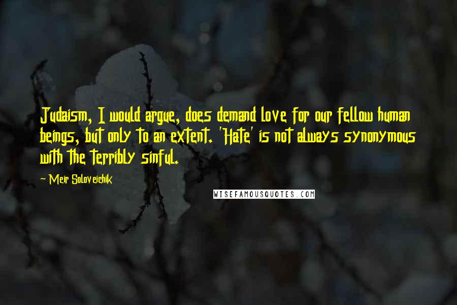 Meir Soloveichik Quotes: Judaism, I would argue, does demand love for our fellow human beings, but only to an extent. 'Hate' is not always synonymous with the terribly sinful.