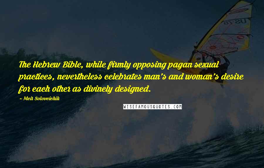Meir Soloveichik Quotes: The Hebrew Bible, while firmly opposing pagan sexual practices, nevertheless celebrates man's and woman's desire for each other as divinely designed.