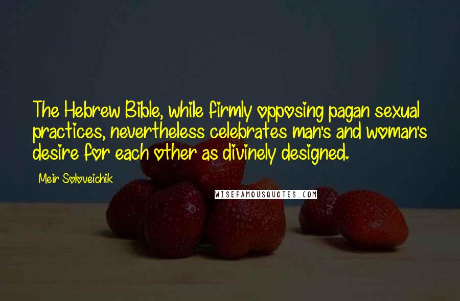 Meir Soloveichik Quotes: The Hebrew Bible, while firmly opposing pagan sexual practices, nevertheless celebrates man's and woman's desire for each other as divinely designed.