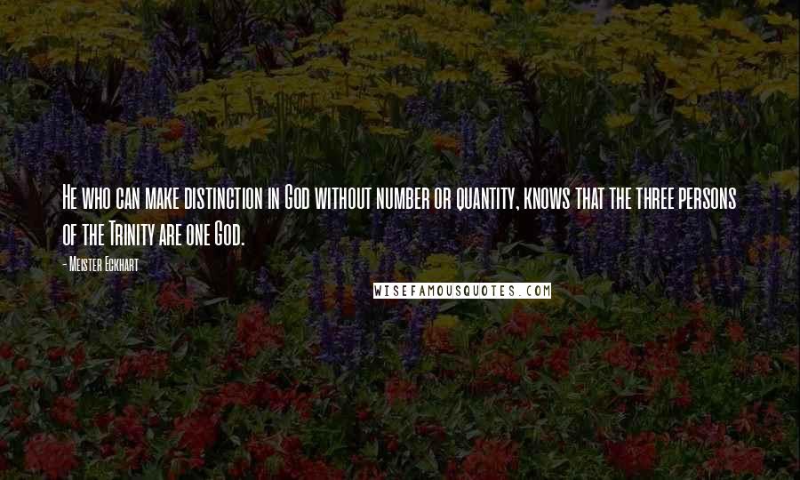Meister Eckhart Quotes: He who can make distinction in God without number or quantity, knows that the three persons of the Trinity are one God.