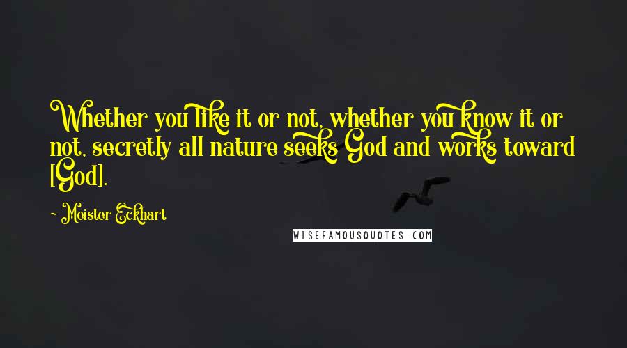 Meister Eckhart Quotes: Whether you like it or not, whether you know it or not, secretly all nature seeks God and works toward [God].