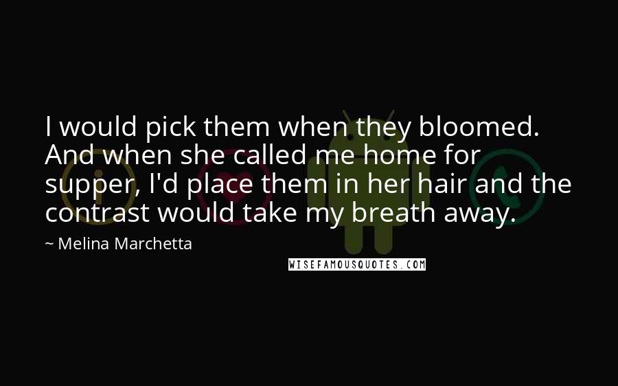 Melina Marchetta Quotes: I would pick them when they bloomed. And when she called me home for supper, I'd place them in her hair and the contrast would take my breath away.