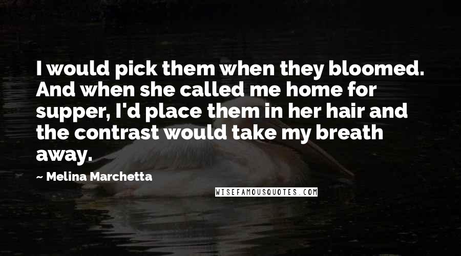 Melina Marchetta Quotes: I would pick them when they bloomed. And when she called me home for supper, I'd place them in her hair and the contrast would take my breath away.