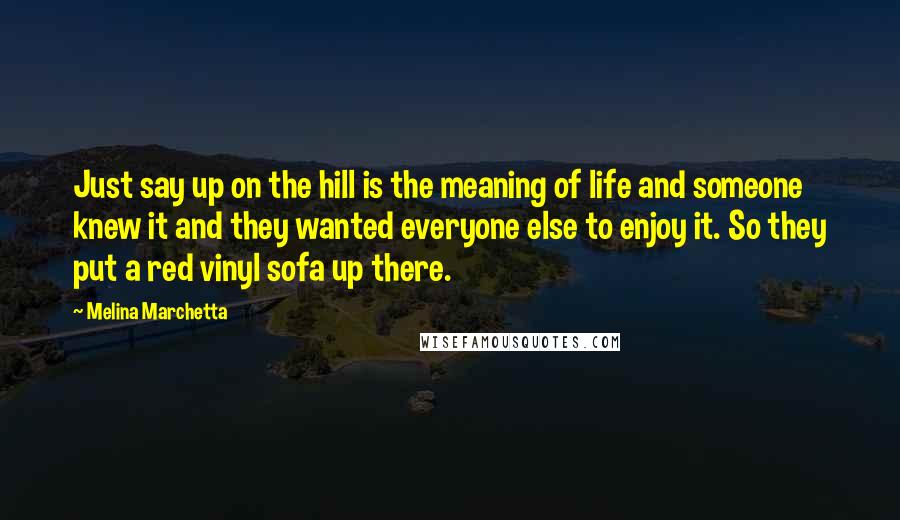 Melina Marchetta Quotes: Just say up on the hill is the meaning of life and someone knew it and they wanted everyone else to enjoy it. So they put a red vinyl sofa up there.