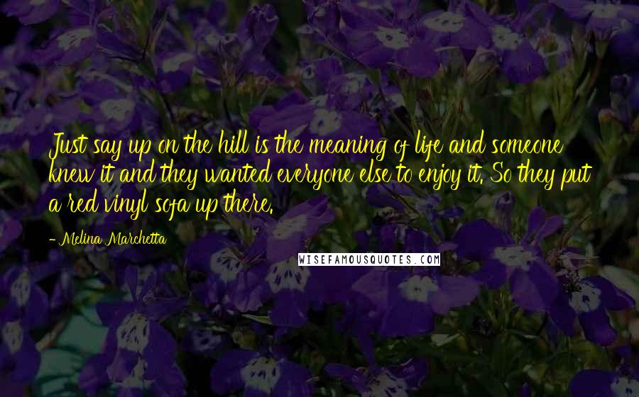 Melina Marchetta Quotes: Just say up on the hill is the meaning of life and someone knew it and they wanted everyone else to enjoy it. So they put a red vinyl sofa up there.