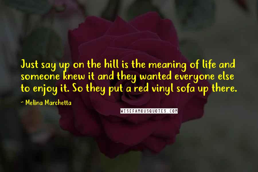 Melina Marchetta Quotes: Just say up on the hill is the meaning of life and someone knew it and they wanted everyone else to enjoy it. So they put a red vinyl sofa up there.