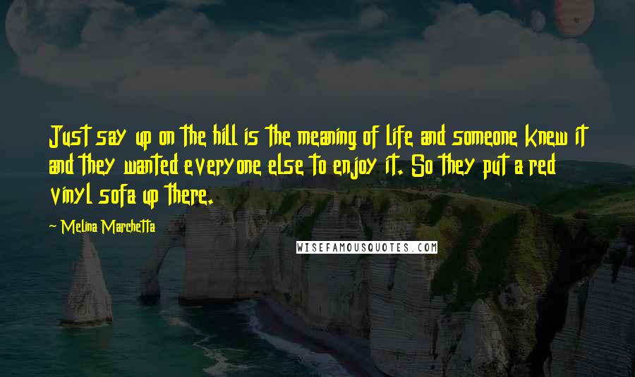 Melina Marchetta Quotes: Just say up on the hill is the meaning of life and someone knew it and they wanted everyone else to enjoy it. So they put a red vinyl sofa up there.