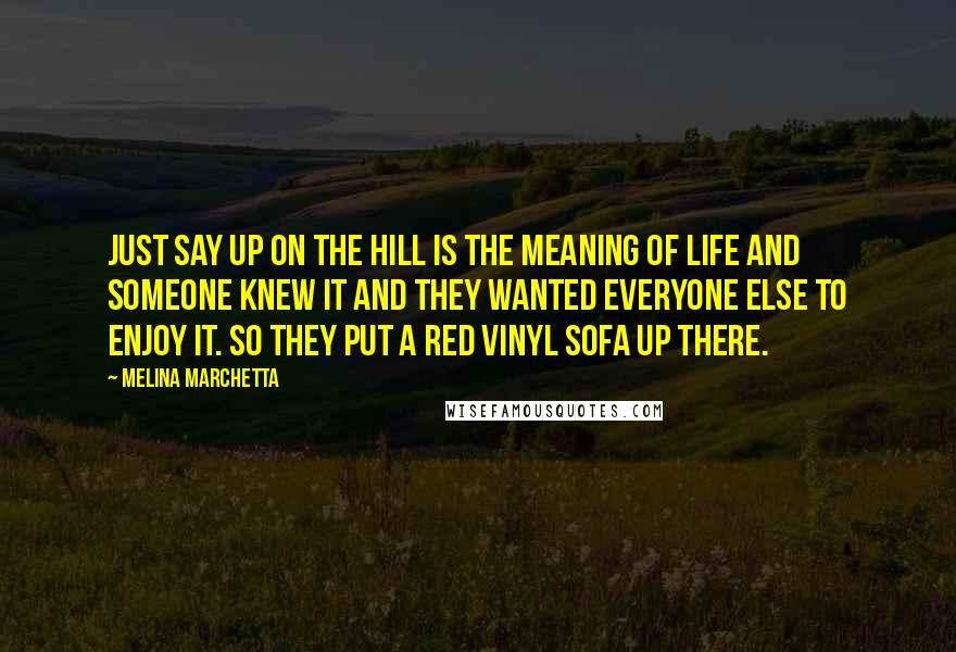 Melina Marchetta Quotes: Just say up on the hill is the meaning of life and someone knew it and they wanted everyone else to enjoy it. So they put a red vinyl sofa up there.