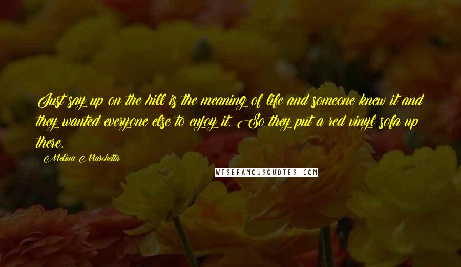 Melina Marchetta Quotes: Just say up on the hill is the meaning of life and someone knew it and they wanted everyone else to enjoy it. So they put a red vinyl sofa up there.