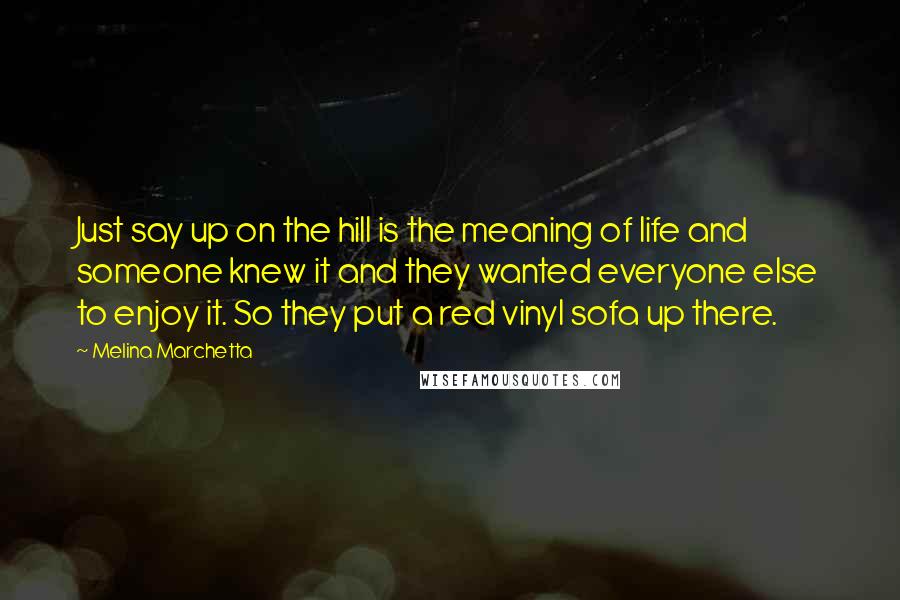 Melina Marchetta Quotes: Just say up on the hill is the meaning of life and someone knew it and they wanted everyone else to enjoy it. So they put a red vinyl sofa up there.