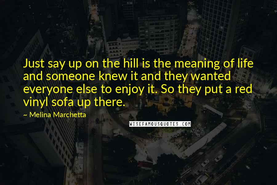 Melina Marchetta Quotes: Just say up on the hill is the meaning of life and someone knew it and they wanted everyone else to enjoy it. So they put a red vinyl sofa up there.