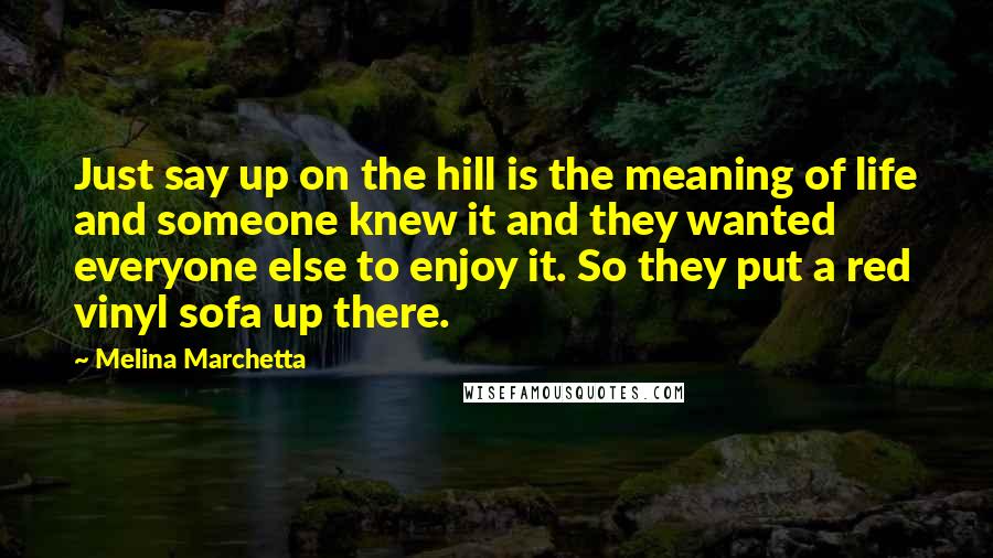 Melina Marchetta Quotes: Just say up on the hill is the meaning of life and someone knew it and they wanted everyone else to enjoy it. So they put a red vinyl sofa up there.