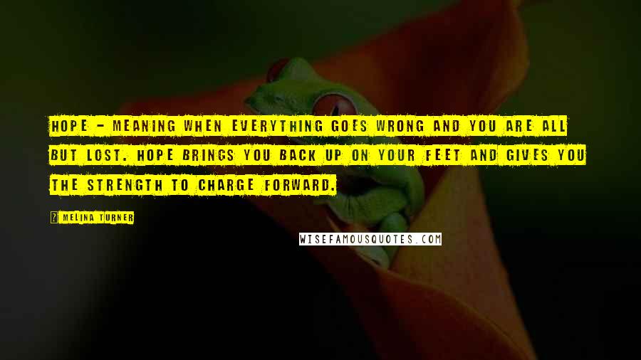 Melina Turner Quotes: Hope - meaning when everything goes wrong and you are all but lost. Hope brings you back up on your feet and gives you the strength to charge forward.