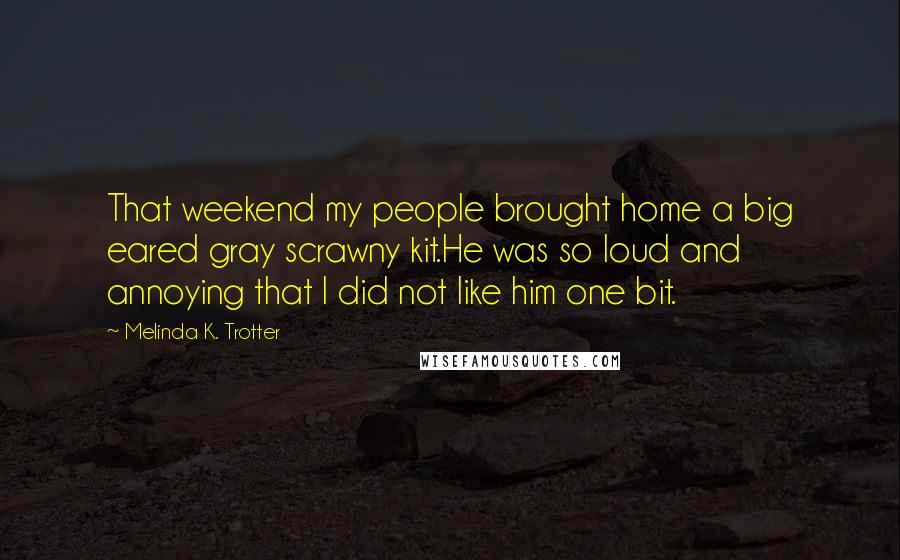 Melinda K. Trotter Quotes: That weekend my people brought home a big eared gray scrawny kit.He was so loud and annoying that I did not like him one bit.