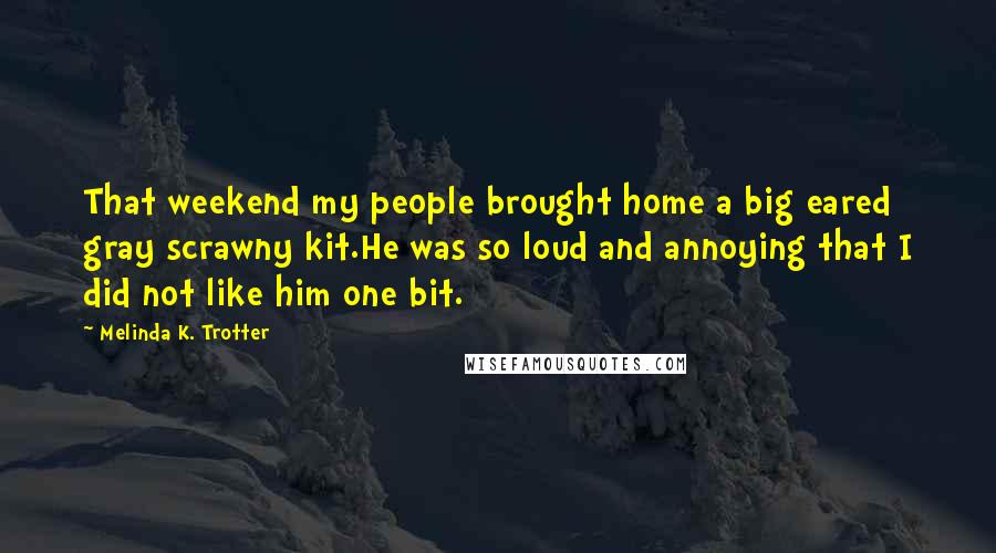 Melinda K. Trotter Quotes: That weekend my people brought home a big eared gray scrawny kit.He was so loud and annoying that I did not like him one bit.