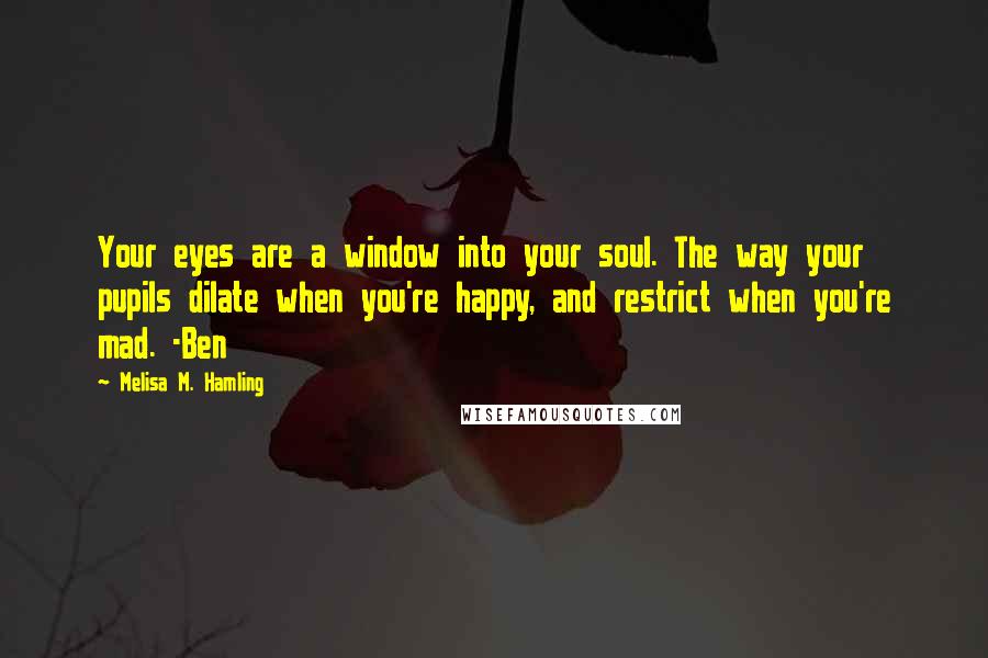 Melisa M. Hamling Quotes: Your eyes are a window into your soul. The way your pupils dilate when you're happy, and restrict when you're mad. -Ben