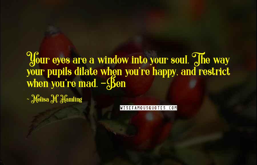 Melisa M. Hamling Quotes: Your eyes are a window into your soul. The way your pupils dilate when you're happy, and restrict when you're mad. -Ben