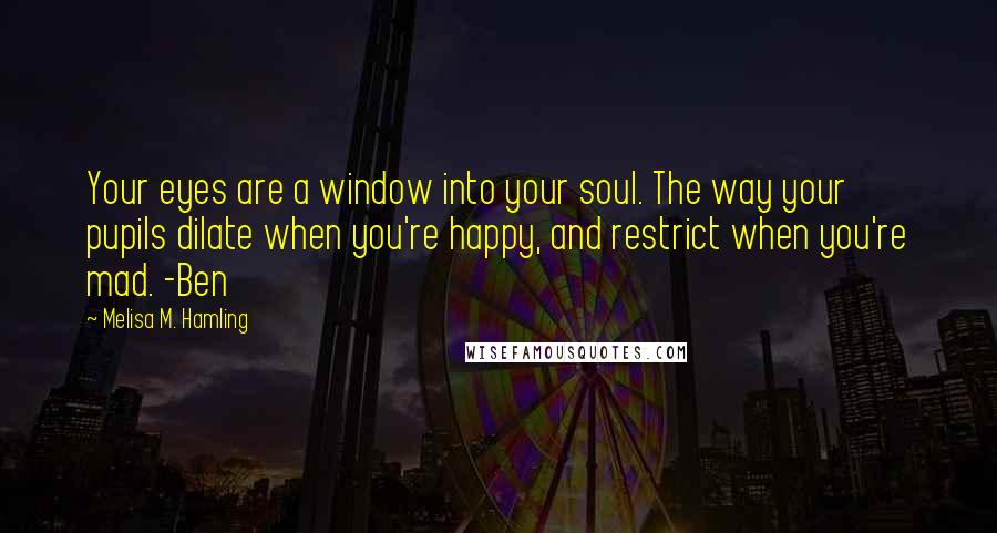 Melisa M. Hamling Quotes: Your eyes are a window into your soul. The way your pupils dilate when you're happy, and restrict when you're mad. -Ben