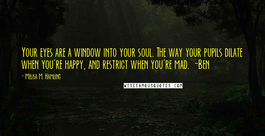 Melisa M. Hamling Quotes: Your eyes are a window into your soul. The way your pupils dilate when you're happy, and restrict when you're mad. -Ben