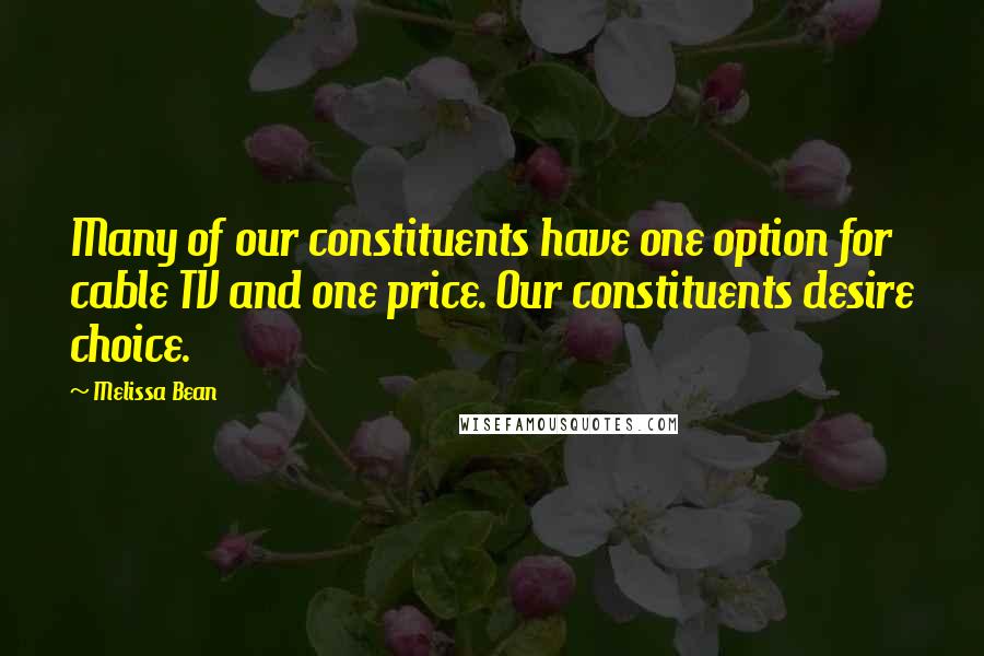 Melissa Bean Quotes: Many of our constituents have one option for cable TV and one price. Our constituents desire choice.