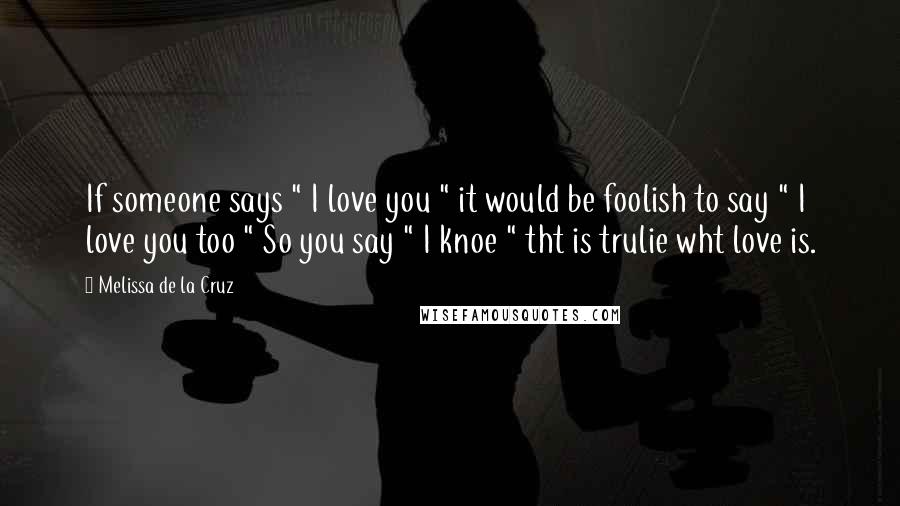 Melissa De La Cruz Quotes: If someone says " I love you " it would be foolish to say " I love you too " So you say " I knoe " tht is trulie wht love is. 