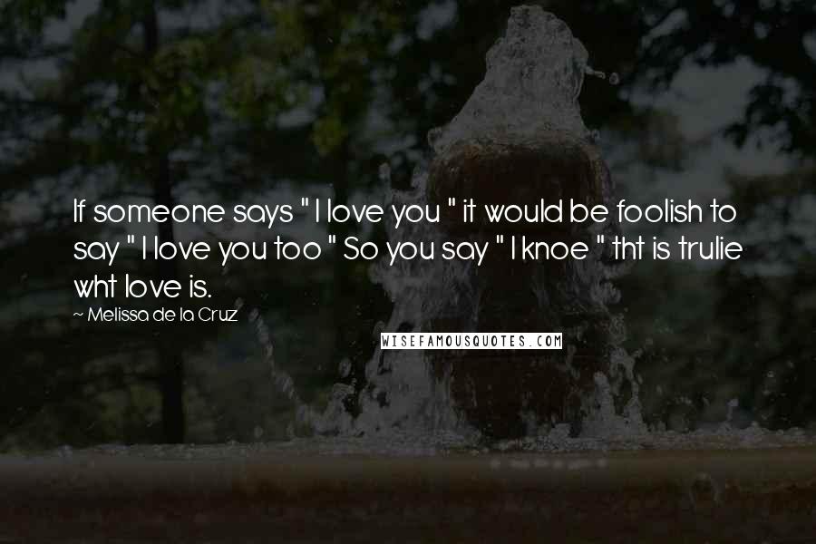 Melissa De La Cruz Quotes: If someone says " I love you " it would be foolish to say " I love you too " So you say " I knoe " tht is trulie wht love is. 
