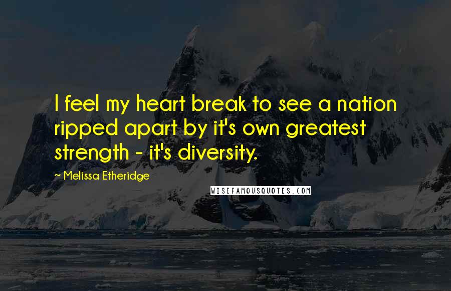 Melissa Etheridge Quotes: I feel my heart break to see a nation ripped apart by it's own greatest strength - it's diversity.