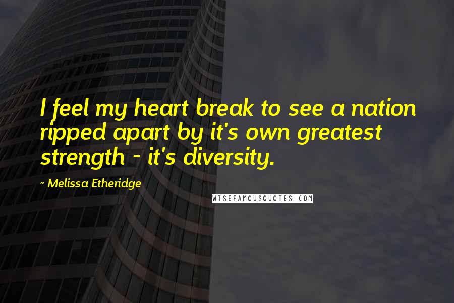 Melissa Etheridge Quotes: I feel my heart break to see a nation ripped apart by it's own greatest strength - it's diversity.