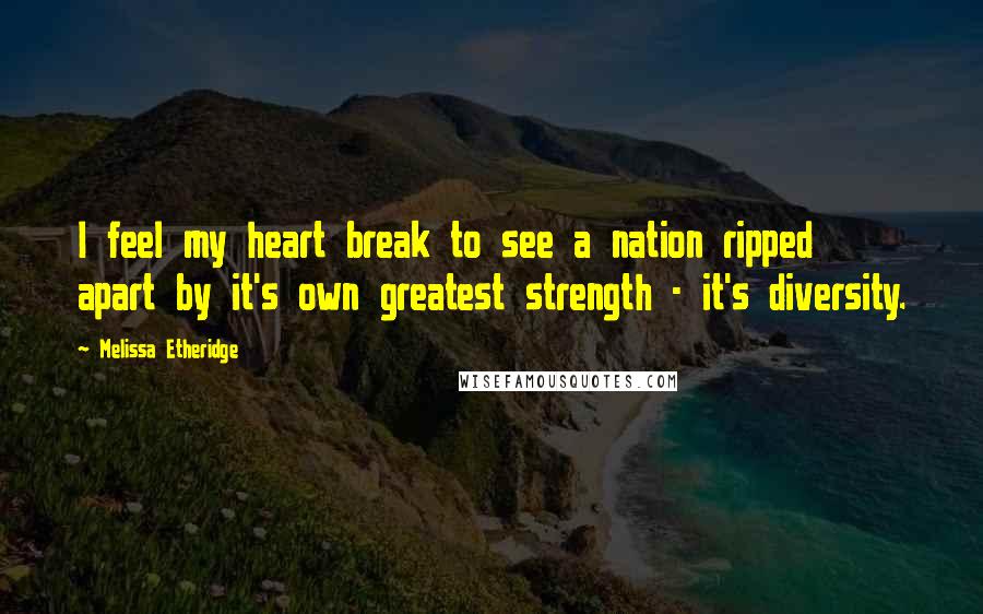 Melissa Etheridge Quotes: I feel my heart break to see a nation ripped apart by it's own greatest strength - it's diversity.