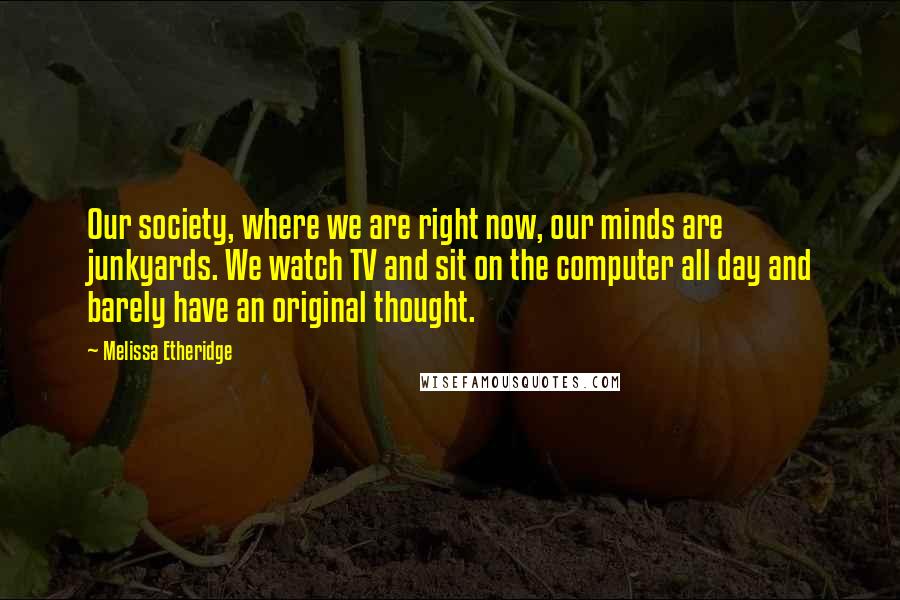 Melissa Etheridge Quotes: Our society, where we are right now, our minds are junkyards. We watch TV and sit on the computer all day and barely have an original thought.