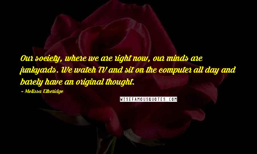 Melissa Etheridge Quotes: Our society, where we are right now, our minds are junkyards. We watch TV and sit on the computer all day and barely have an original thought.