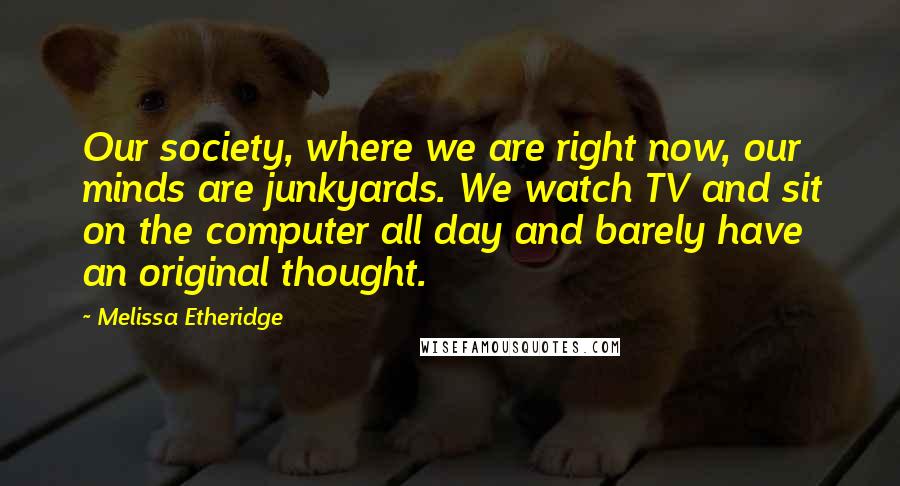 Melissa Etheridge Quotes: Our society, where we are right now, our minds are junkyards. We watch TV and sit on the computer all day and barely have an original thought.