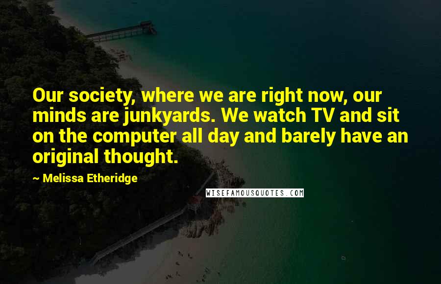 Melissa Etheridge Quotes: Our society, where we are right now, our minds are junkyards. We watch TV and sit on the computer all day and barely have an original thought.