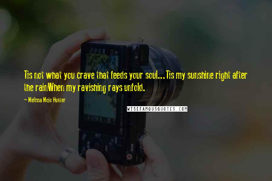 Melissa Mojo Hunter Quotes: Tis not what you crave that feeds your soul...Tis my sunshine right after the rainWhen my ravishing rays unfold.