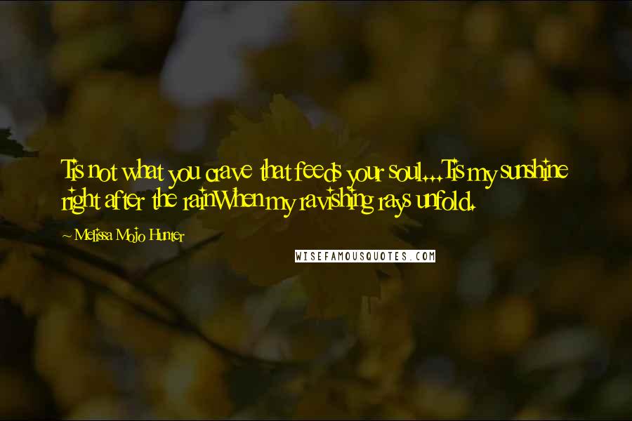 Melissa Mojo Hunter Quotes: Tis not what you crave that feeds your soul...Tis my sunshine right after the rainWhen my ravishing rays unfold.