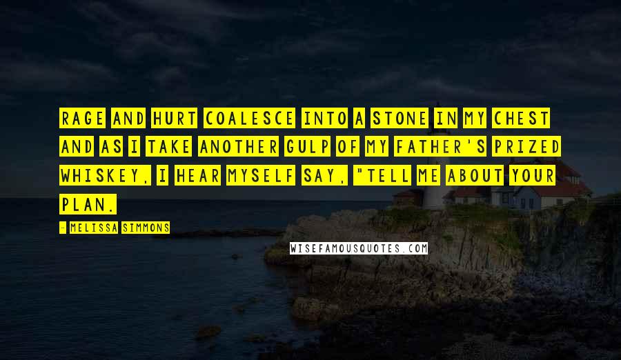 Melissa Simmons Quotes: Rage and hurt coalesce into a stone in my chest and as I take another gulp of my father's prized whiskey, I hear myself say, "Tell me about your plan.