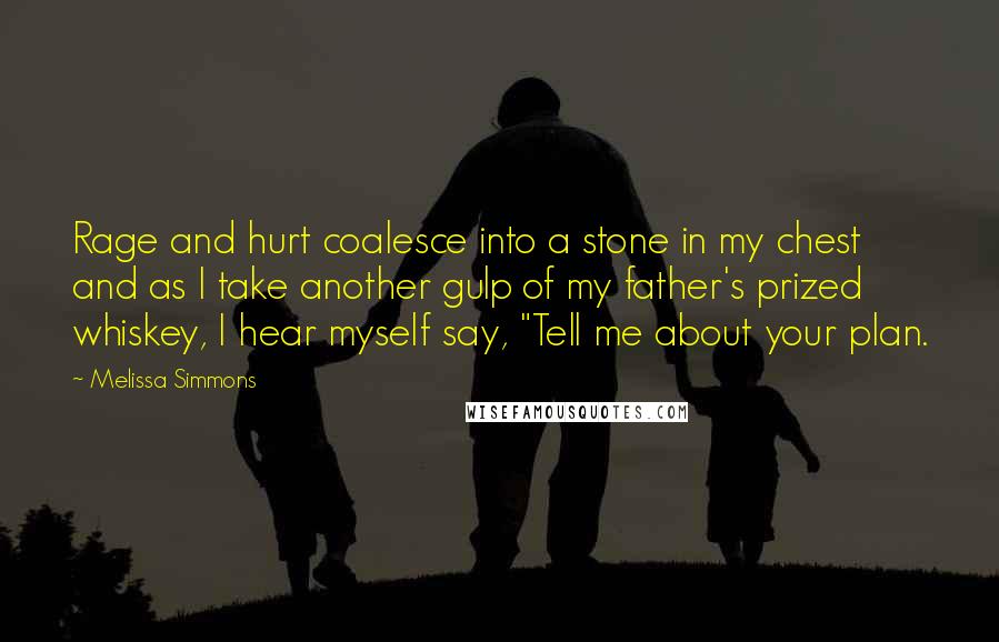 Melissa Simmons Quotes: Rage and hurt coalesce into a stone in my chest and as I take another gulp of my father's prized whiskey, I hear myself say, "Tell me about your plan.