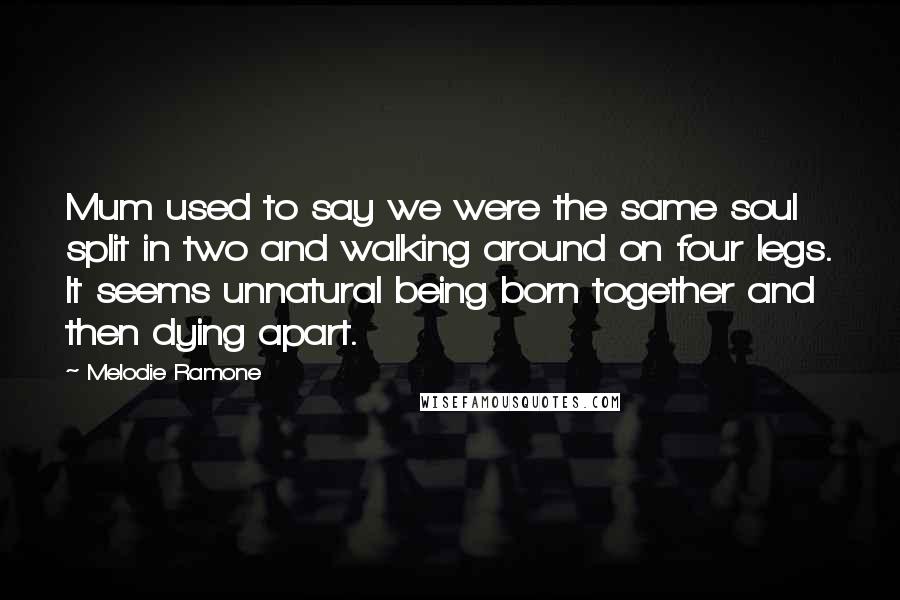 Melodie Ramone Quotes: Mum used to say we were the same soul split in two and walking around on four legs. It seems unnatural being born together and then dying apart.