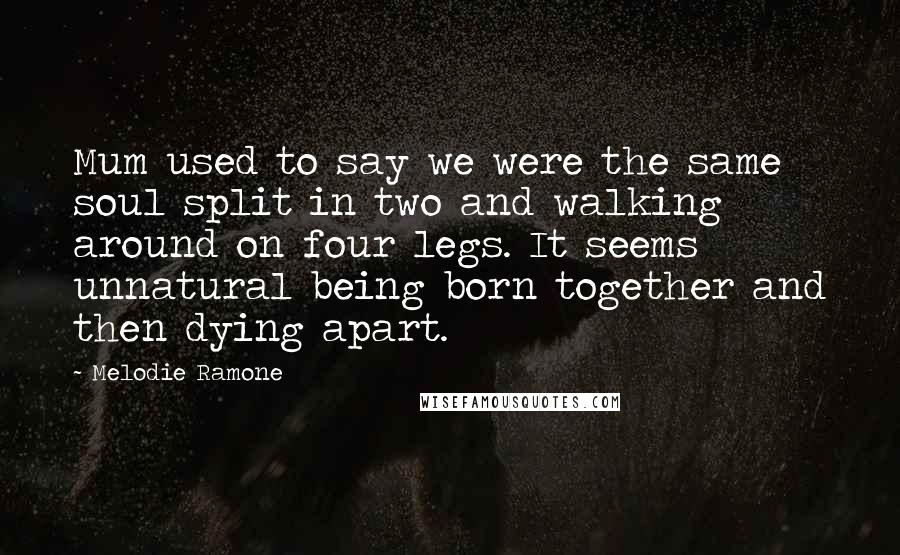 Melodie Ramone Quotes: Mum used to say we were the same soul split in two and walking around on four legs. It seems unnatural being born together and then dying apart.