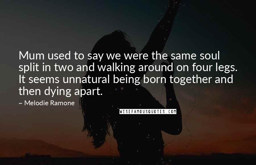 Melodie Ramone Quotes: Mum used to say we were the same soul split in two and walking around on four legs. It seems unnatural being born together and then dying apart.