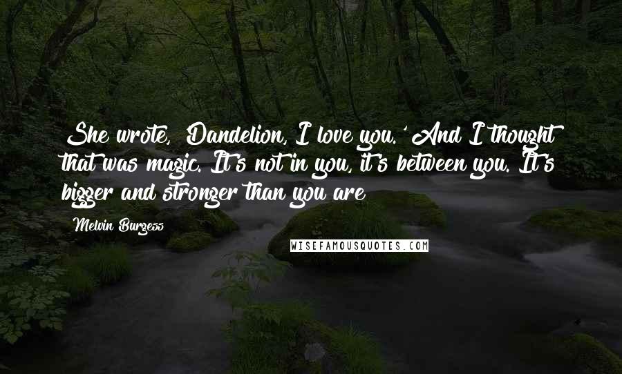 Melvin Burgess Quotes: She wrote, 'Dandelion, I love you.' And I thought that was magic. It's not in you, it's between you. It's bigger and stronger than you are