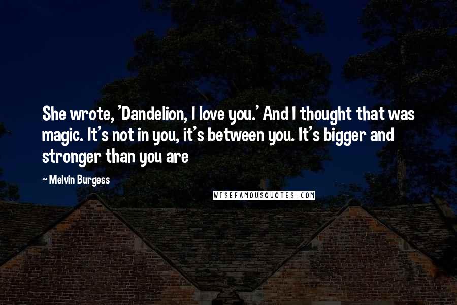 Melvin Burgess Quotes: She wrote, 'Dandelion, I love you.' And I thought that was magic. It's not in you, it's between you. It's bigger and stronger than you are