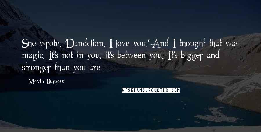 Melvin Burgess Quotes: She wrote, 'Dandelion, I love you.' And I thought that was magic. It's not in you, it's between you. It's bigger and stronger than you are