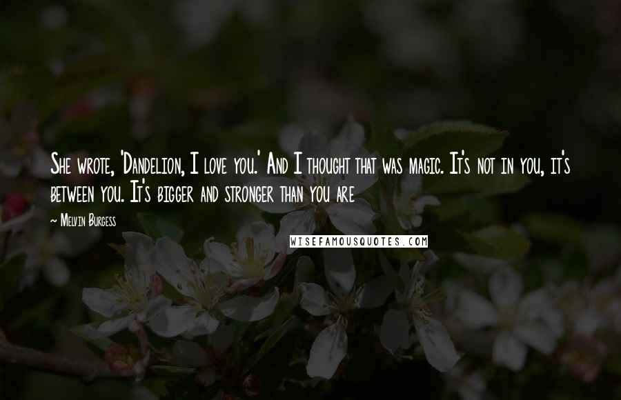 Melvin Burgess Quotes: She wrote, 'Dandelion, I love you.' And I thought that was magic. It's not in you, it's between you. It's bigger and stronger than you are