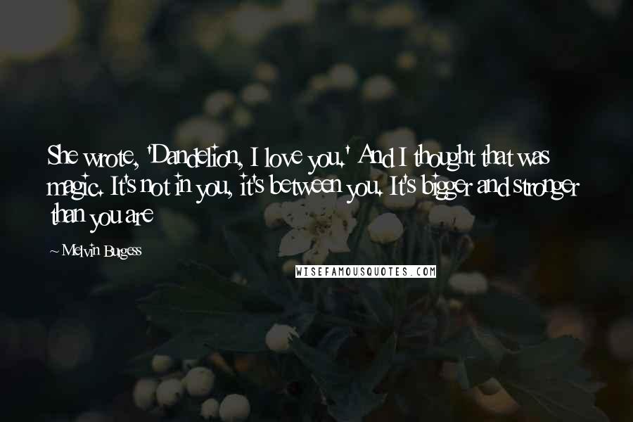 Melvin Burgess Quotes: She wrote, 'Dandelion, I love you.' And I thought that was magic. It's not in you, it's between you. It's bigger and stronger than you are