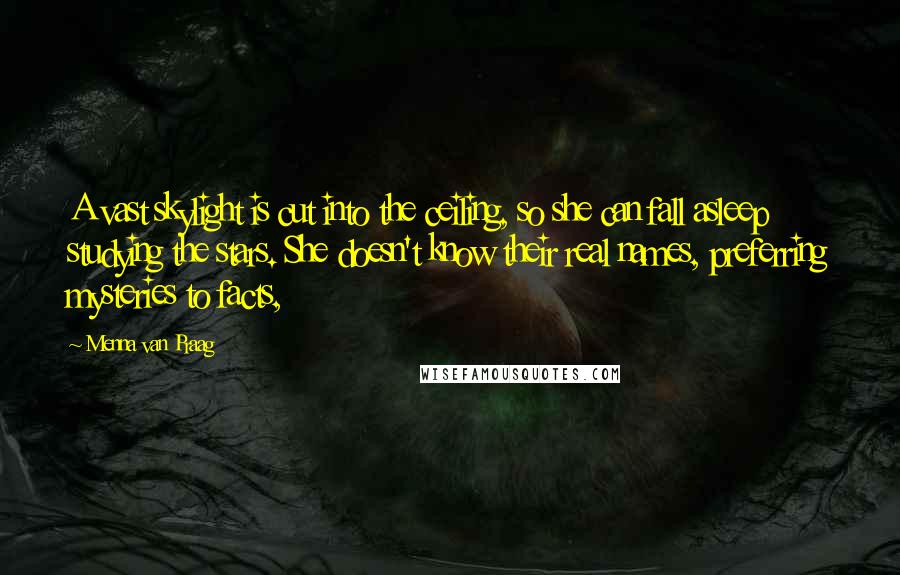 Menna Van Praag Quotes: A vast skylight is cut into the ceiling, so she can fall asleep studying the stars. She doesn't know their real names, preferring mysteries to facts,