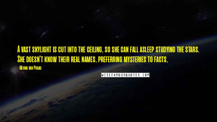 Menna Van Praag Quotes: A vast skylight is cut into the ceiling, so she can fall asleep studying the stars. She doesn't know their real names, preferring mysteries to facts,