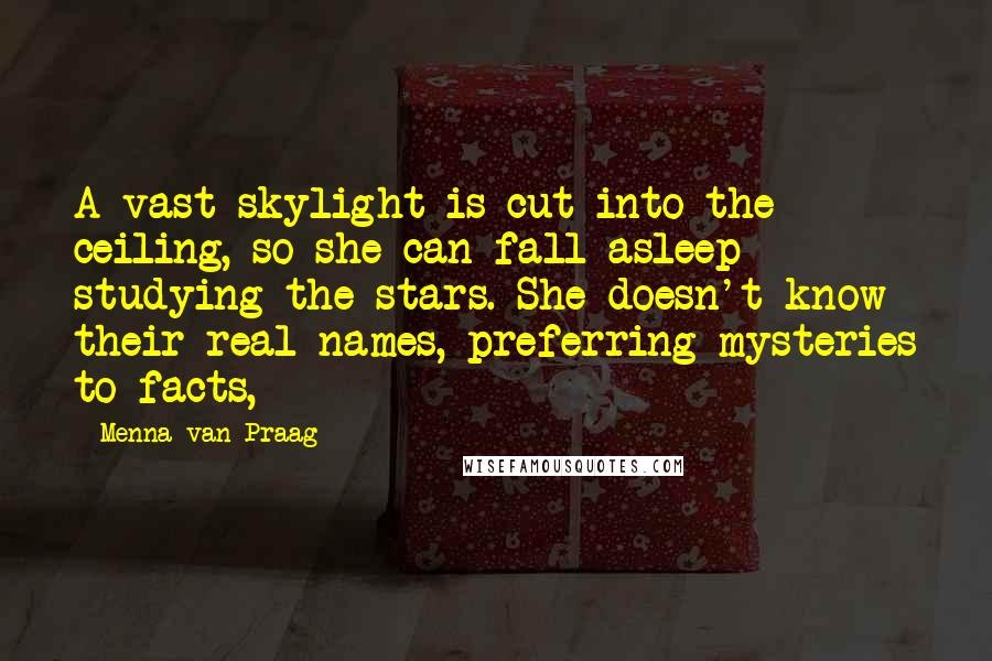 Menna Van Praag Quotes: A vast skylight is cut into the ceiling, so she can fall asleep studying the stars. She doesn't know their real names, preferring mysteries to facts,